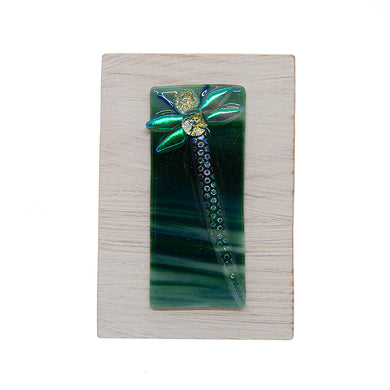 Fused glass picture of a dragonfly on a wooden backing - The Alresford Gift Shop