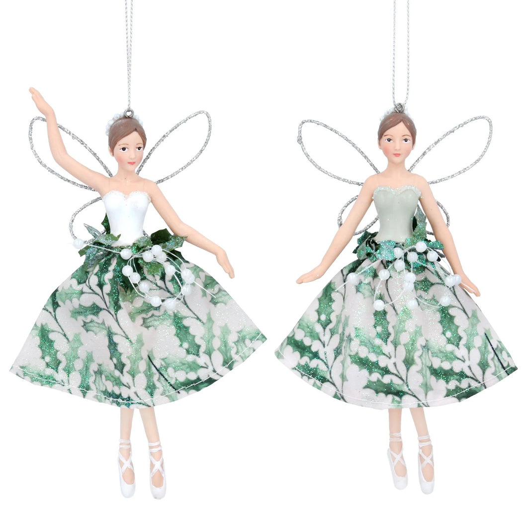 Set of two fairy decorations with white and green holly berry skirts by Gisela Graham