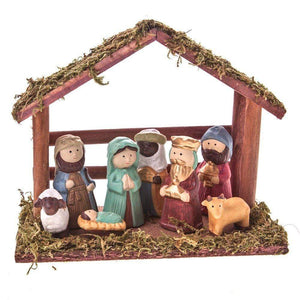 Nativity scene Set of 9 Ceramic Ornament - Nativity Scene with Stable