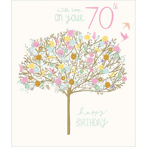 With love on your 70th - birthday card -embossed tree with flowers