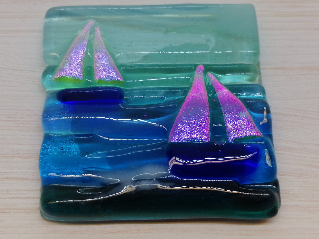 Fused glass locally made picture - sailboats on the sea