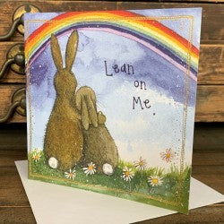 Lean on me - greeting card - rainbow with cuddling rabbits